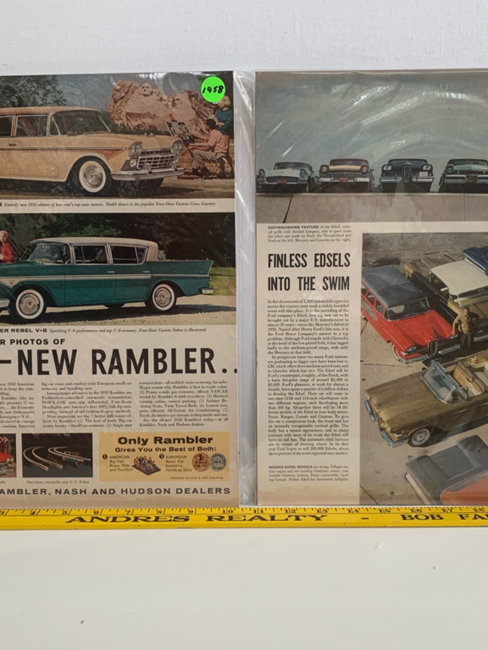 Vintage Automotive Magazine Pages with Classic Car Ads - Teal, Beige, Red, Blue